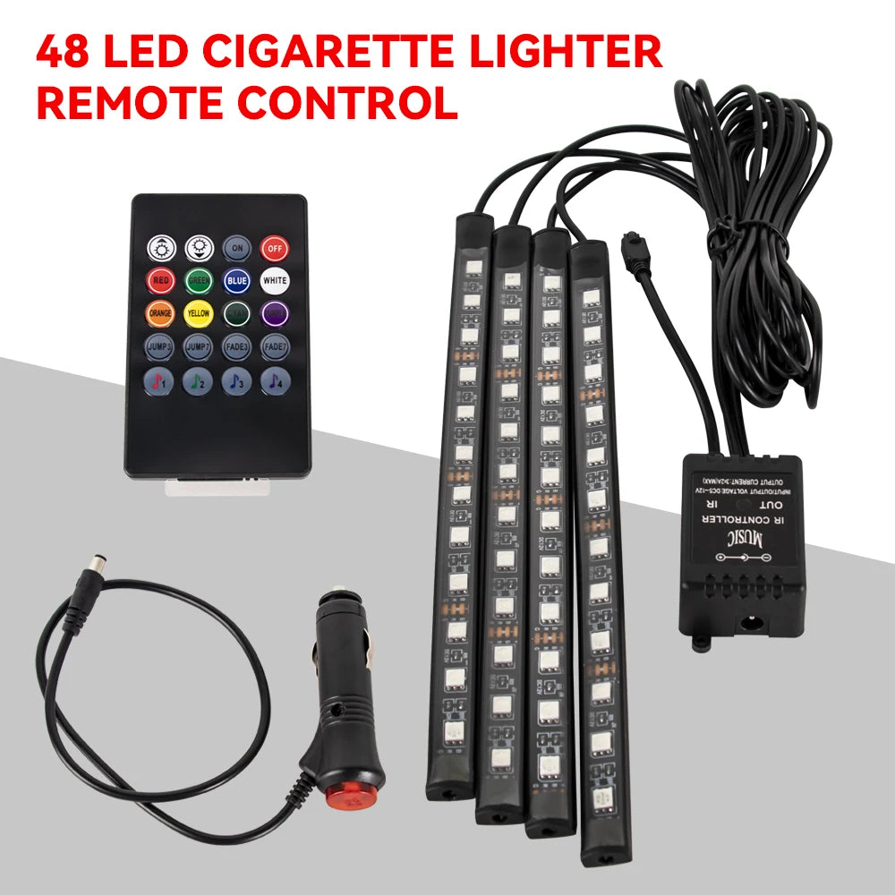 Lampe d'ambiance LED pour l'intérieur de la voiture, 36, 48, 72 LED, lumière de pied, télécommande sans fil, contrôle par application musicale