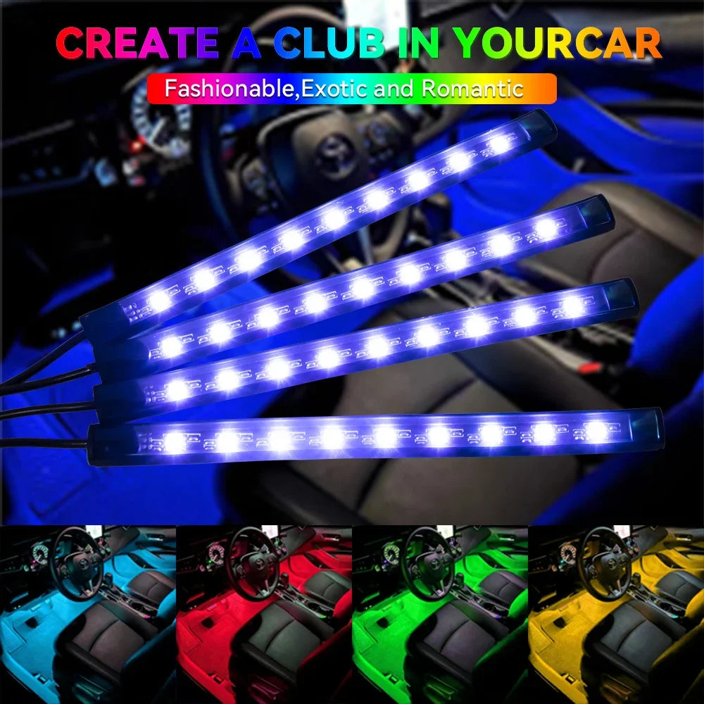 Lampe d'ambiance LED pour l'intérieur de la voiture, 36, 48, 72 LED, lumière de pied, télécommande sans fil, contrôle par application musicale