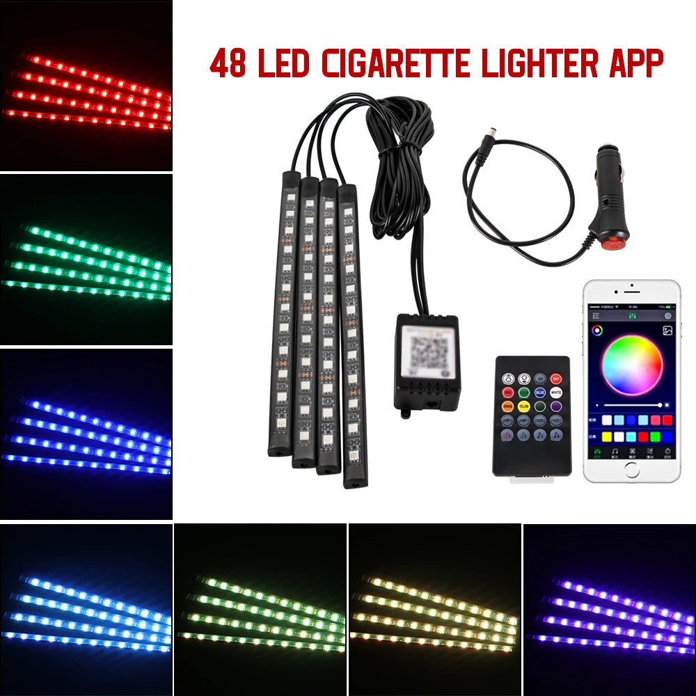 Lampe d'ambiance LED pour l'intérieur de la voiture, 36, 48, 72 LED, lumière de pied, télécommande sans fil, contrôle par application musicale