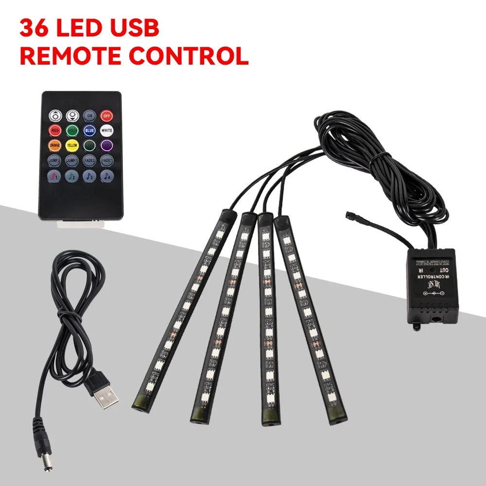 Lampe d'ambiance LED pour l'intérieur de la voiture, 36, 48, 72 LED, lumière de pied, télécommande sans fil, contrôle par application musicale