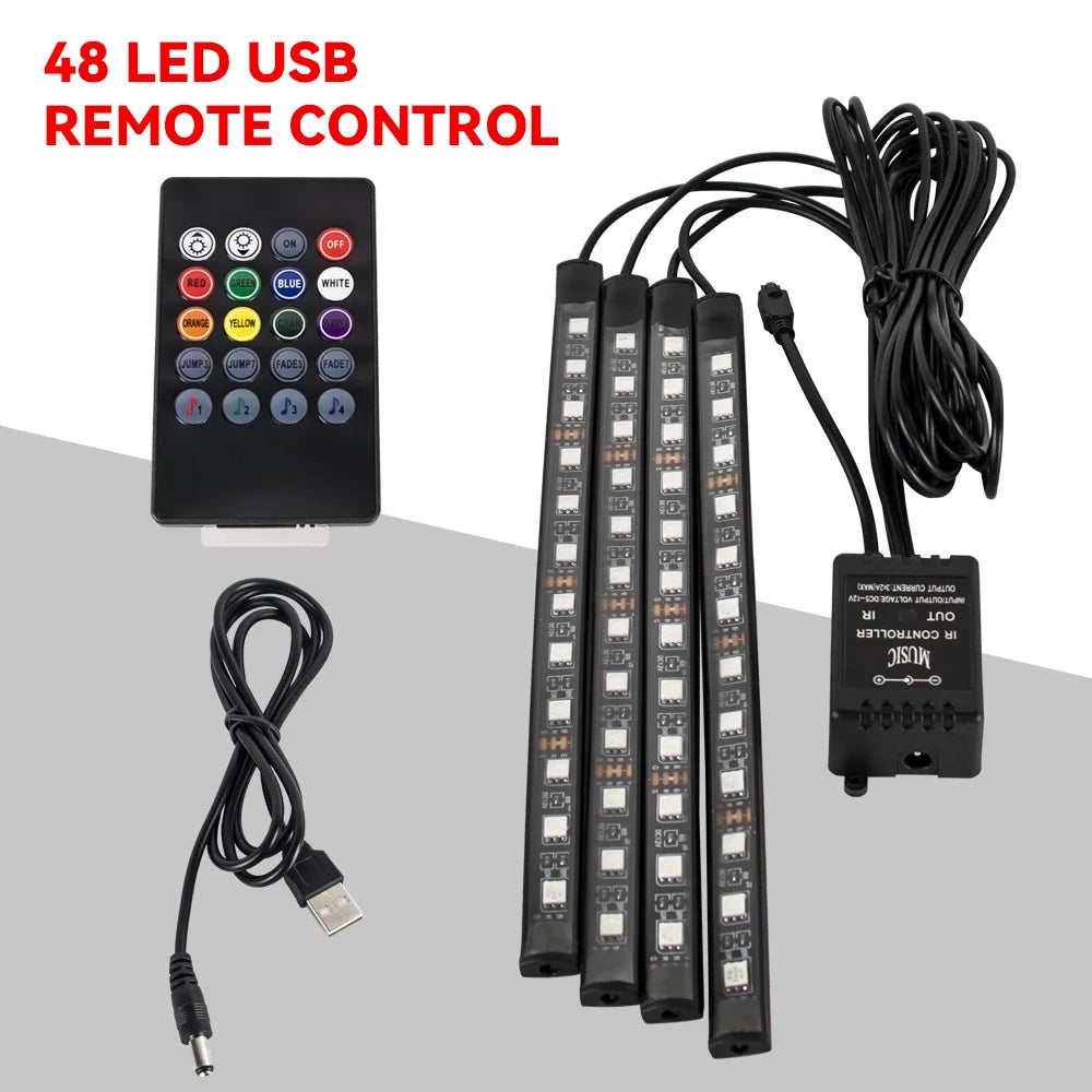 Lampe d'ambiance LED pour l'intérieur de la voiture, 36, 48, 72 LED, lumière de pied, télécommande sans fil, contrôle par application musicale