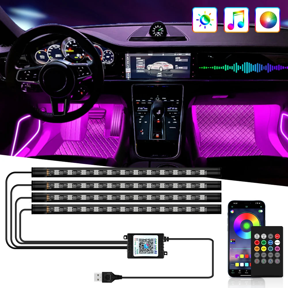 Lampe d'ambiance LED pour l'intérieur de la voiture, 36, 48, 72 LED, lumière de pied, télécommande sans fil, contrôle par application musicale
