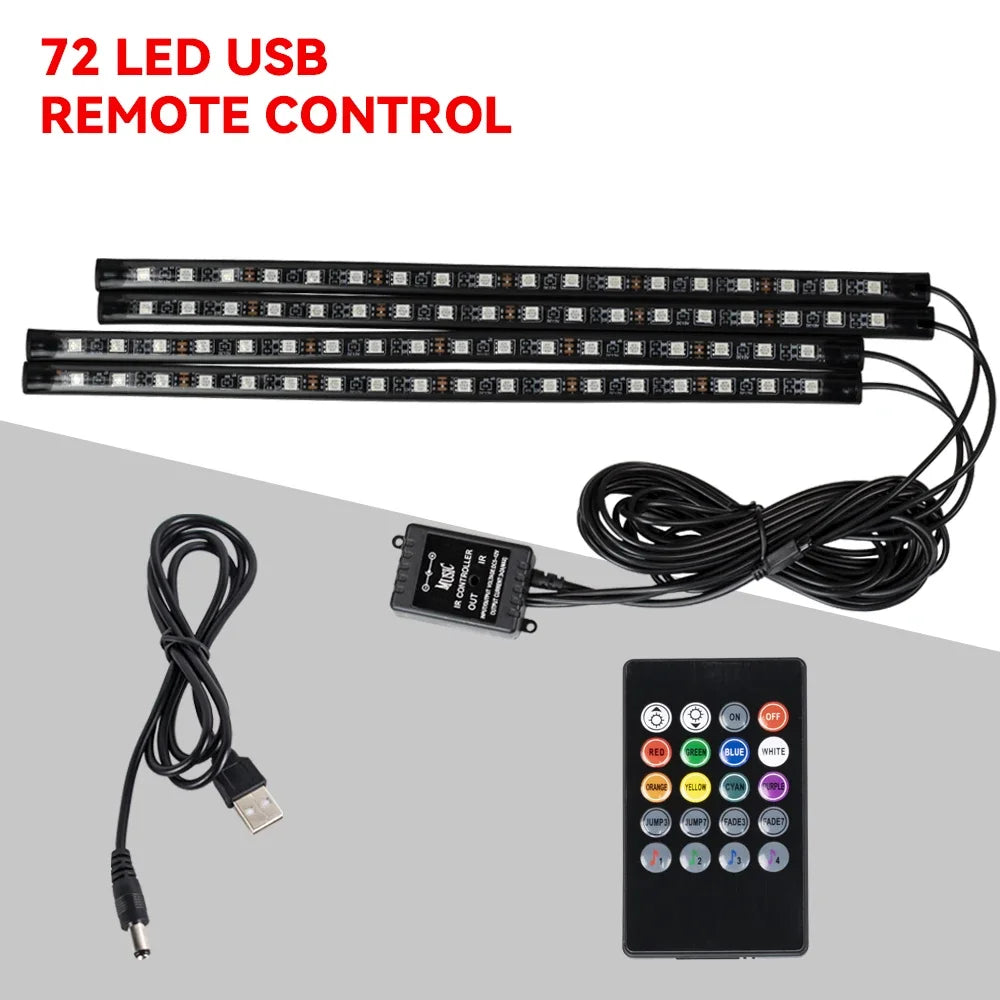 Lampe d'ambiance LED pour l'intérieur de la voiture, 36, 48, 72 LED, lumière de pied, télécommande sans fil, contrôle par application musicale