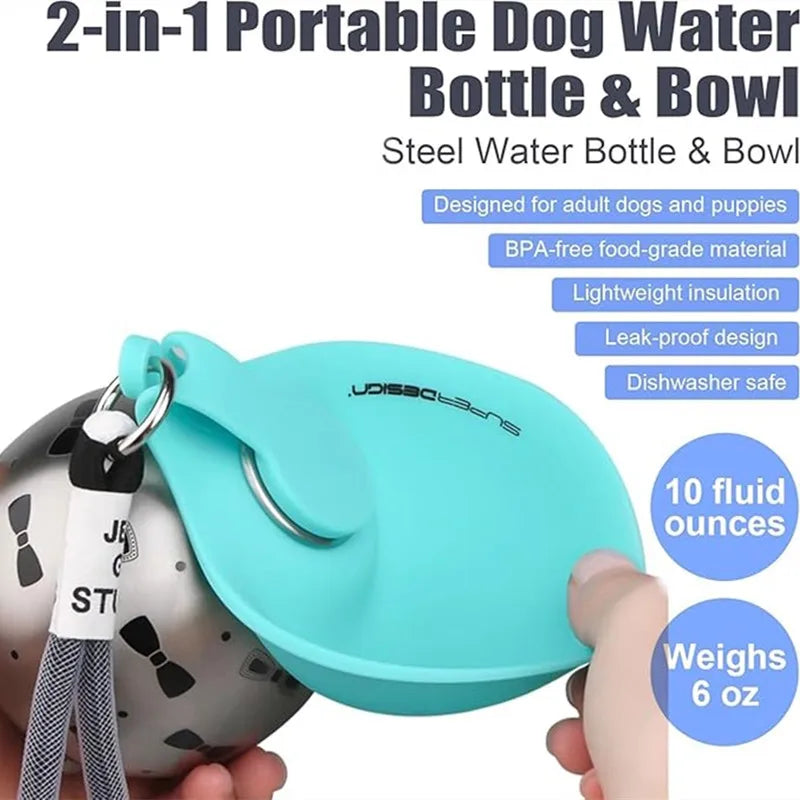 Bouteille d'eau portable pour chien en acier inoxydable, distributeur d'eau de voyage pour chat avec bol, bouteille d'eau anti-fuite pour chiot pour la marche et la randonnée