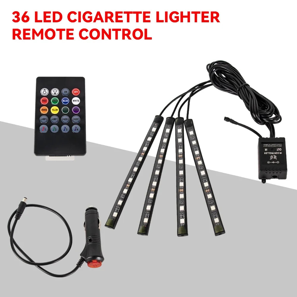 Lampe d'ambiance LED pour l'intérieur de la voiture, 36, 48, 72 LED, lumière de pied, télécommande sans fil, contrôle par application musicale