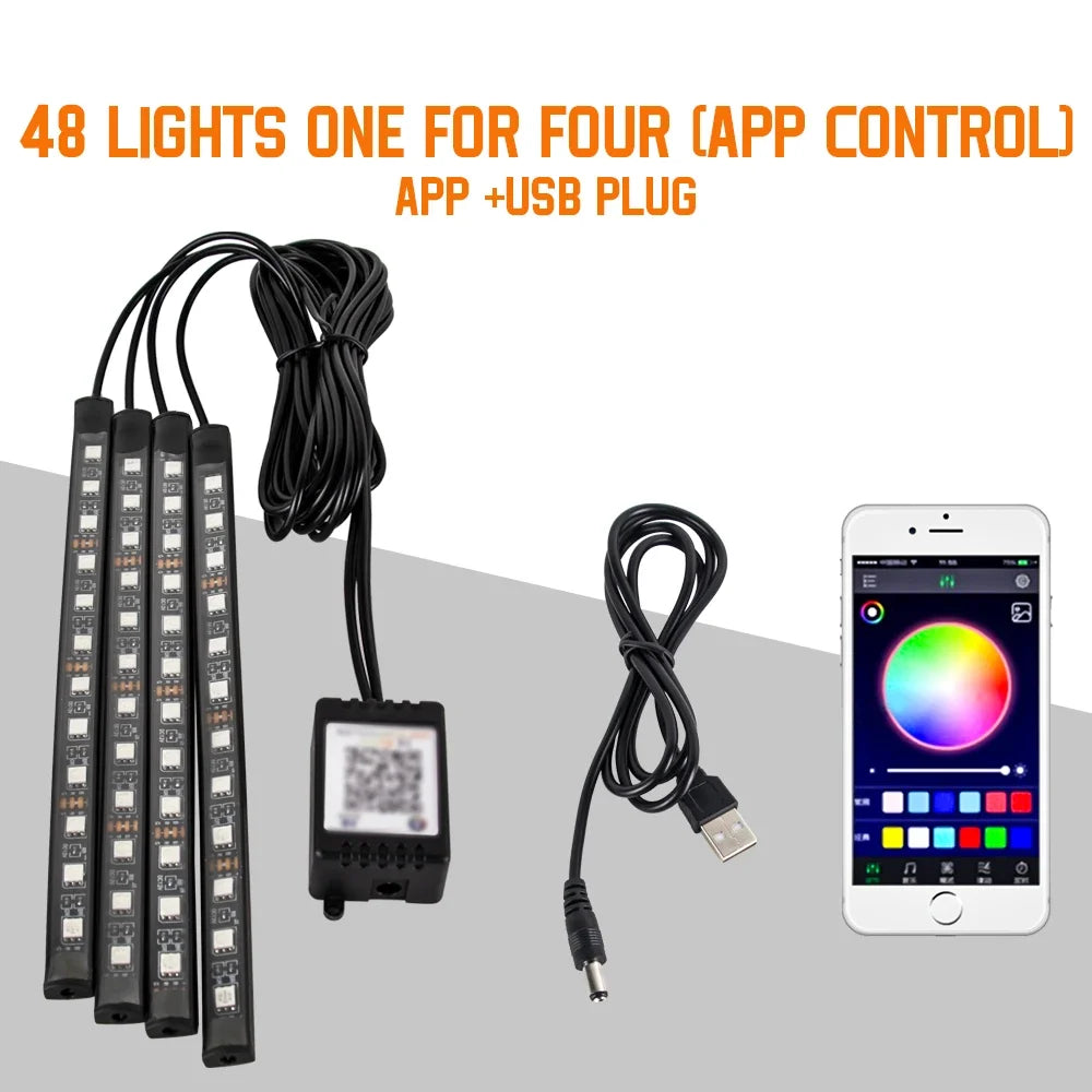 Lampe d'ambiance LED pour l'intérieur de la voiture, 36, 48, 72 LED, lumière de pied, télécommande sans fil, contrôle par application musicale