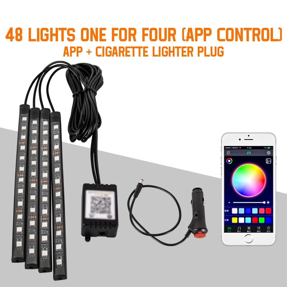 Lampe d'ambiance LED pour l'intérieur de la voiture, 36, 48, 72 LED, lumière de pied, télécommande sans fil, contrôle par application musicale