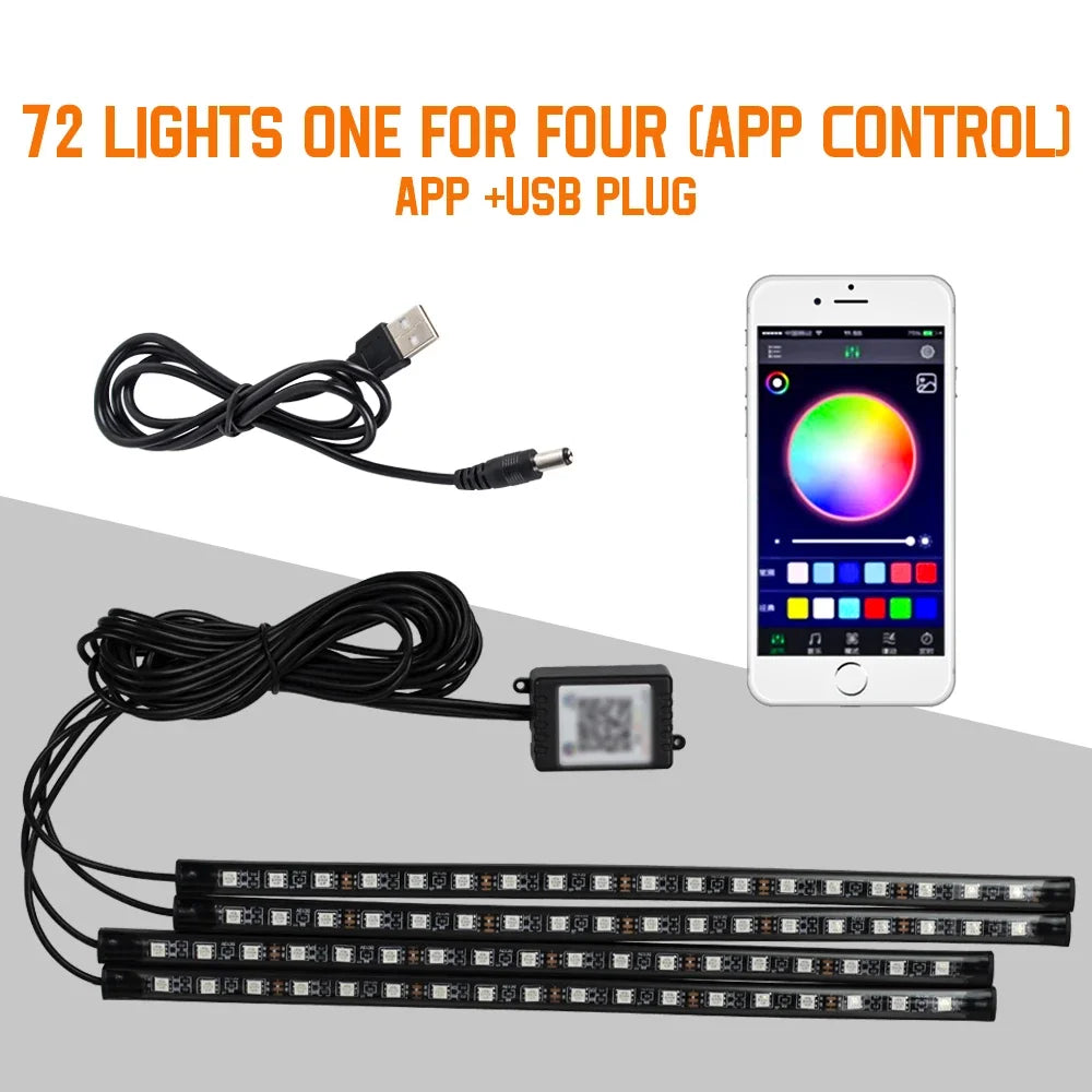 Lampe d'ambiance LED pour l'intérieur de la voiture, 36, 48, 72 LED, lumière de pied, télécommande sans fil, contrôle par application musicale