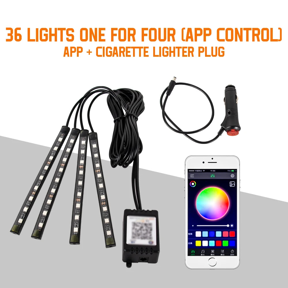Lampe d'ambiance LED pour l'intérieur de la voiture, 36, 48, 72 LED, lumière de pied, télécommande sans fil, contrôle par application musicale
