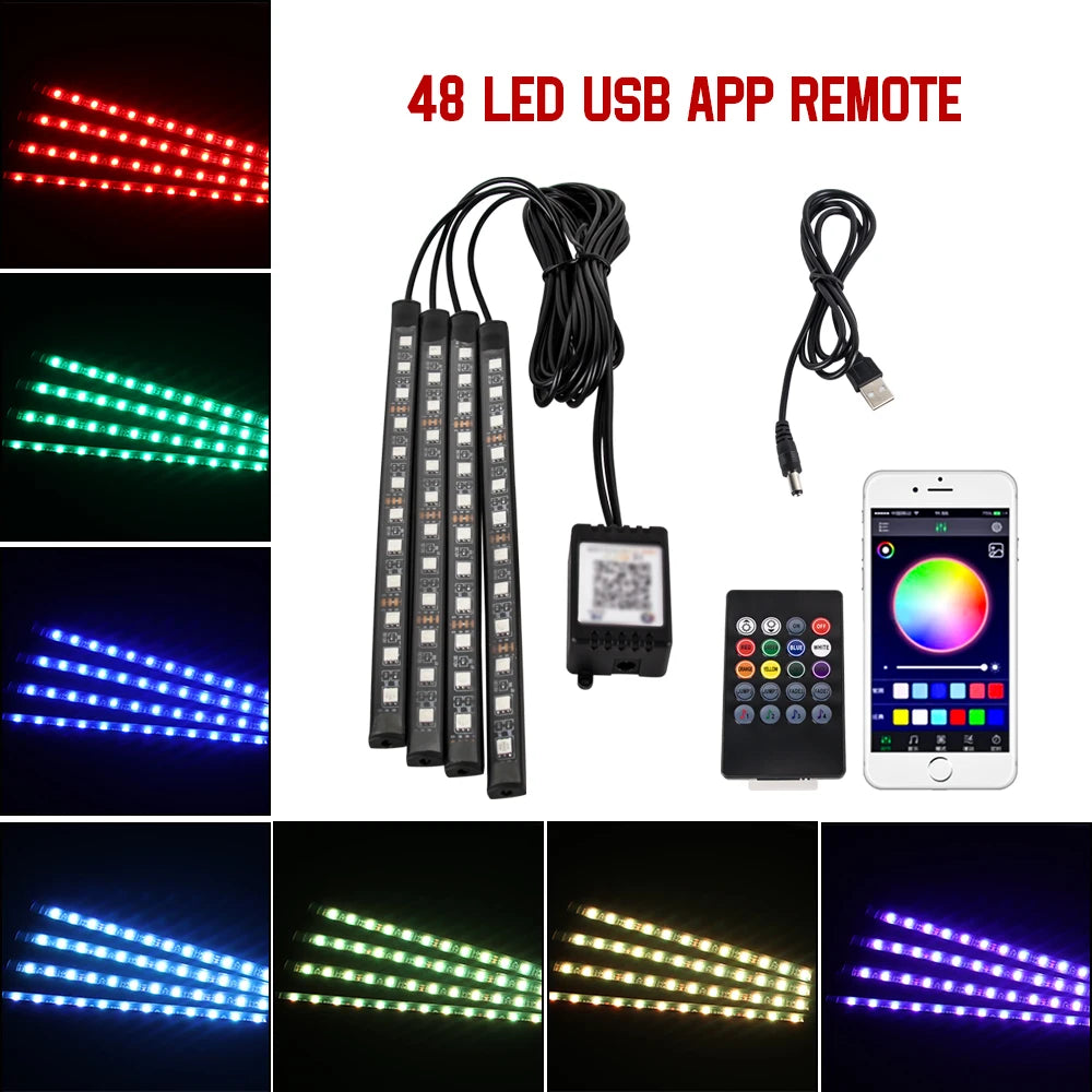 Lampe d'ambiance LED pour l'intérieur de la voiture, 36, 48, 72 LED, lumière de pied, télécommande sans fil, contrôle par application musicale