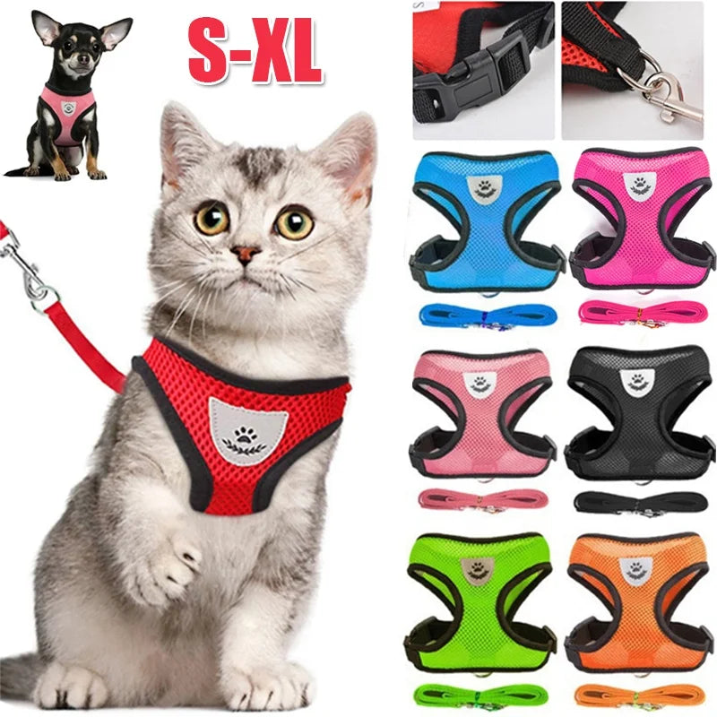Harnais pour chien et chat avec laisse en plomb, gilet réglable en maille de Polyester, harnais respirant,
