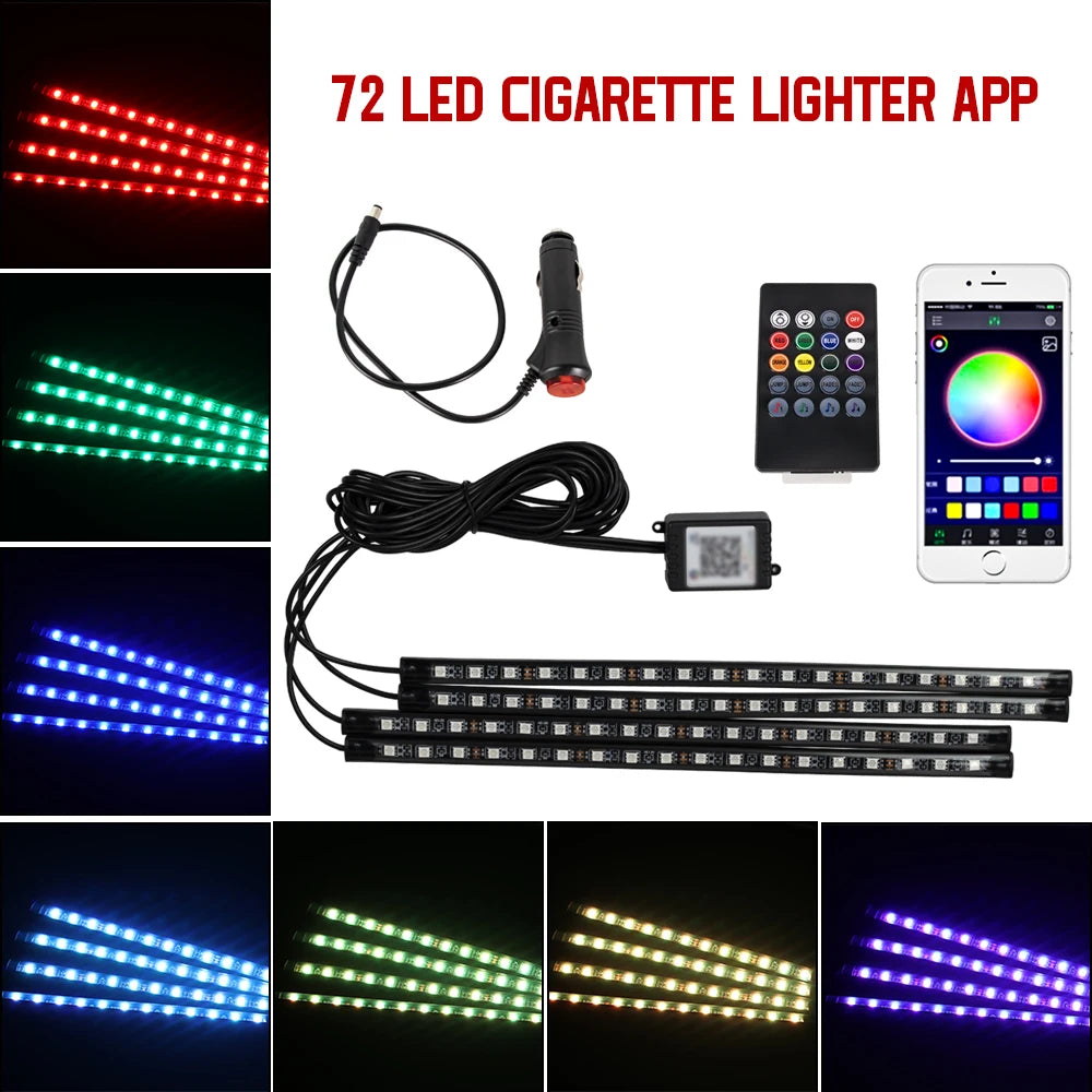 Lampe d'ambiance LED pour l'intérieur de la voiture, 36, 48, 72 LED, lumière de pied, télécommande sans fil, contrôle par application musicale