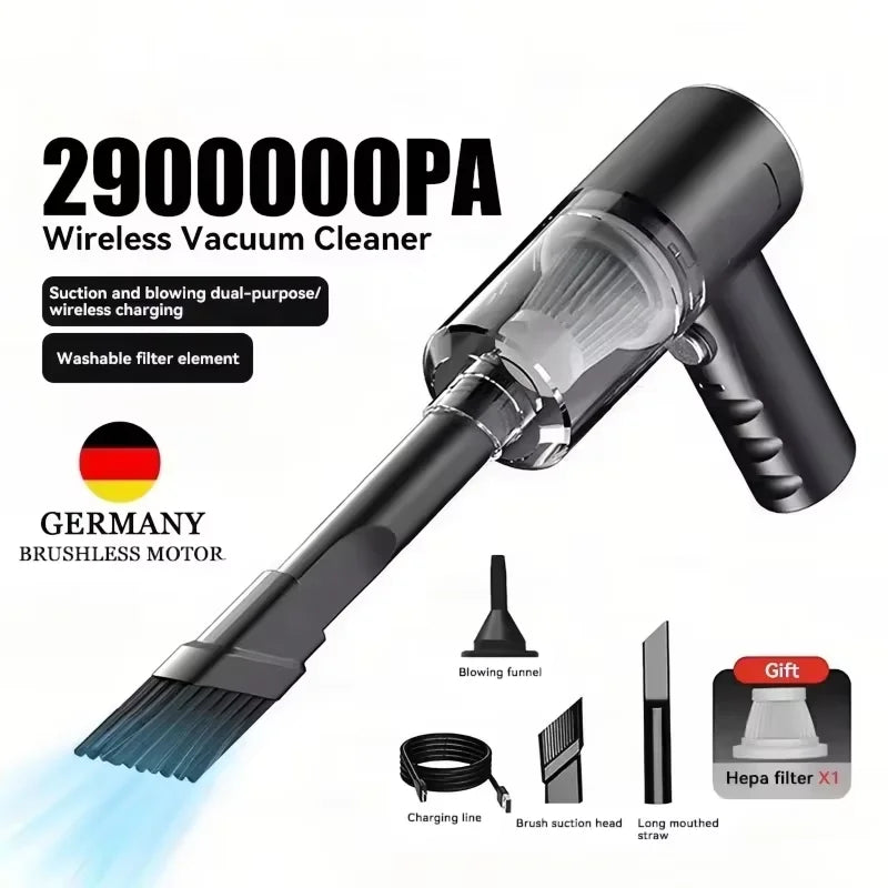 Aspirateur de voiture sans fil 2900000PA, recharge USB, 1200mAh, nettoyeur double usage humide/sec, aspirateur portatif sans fil haute puissance 2026 ﻿