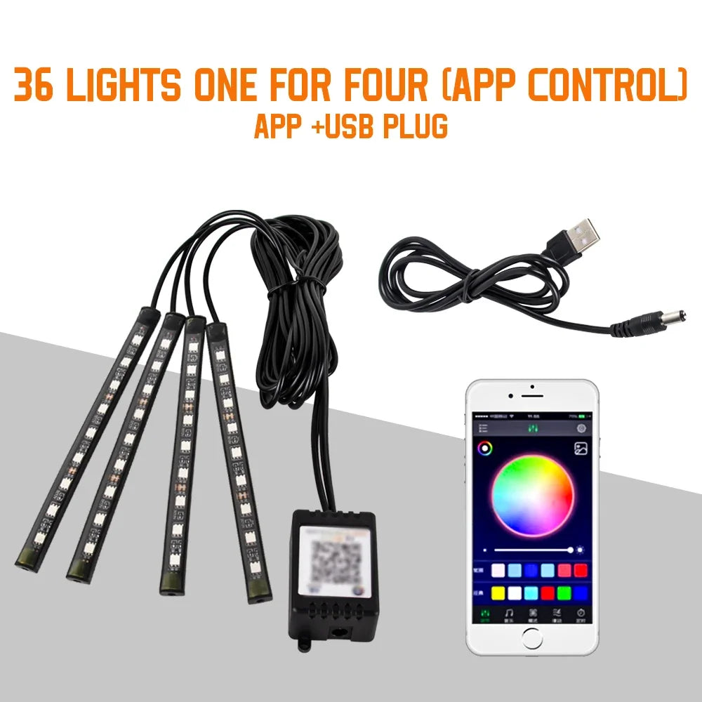 Lampe d'ambiance LED pour l'intérieur de la voiture, 36, 48, 72 LED, lumière de pied, télécommande sans fil, contrôle par application musicale