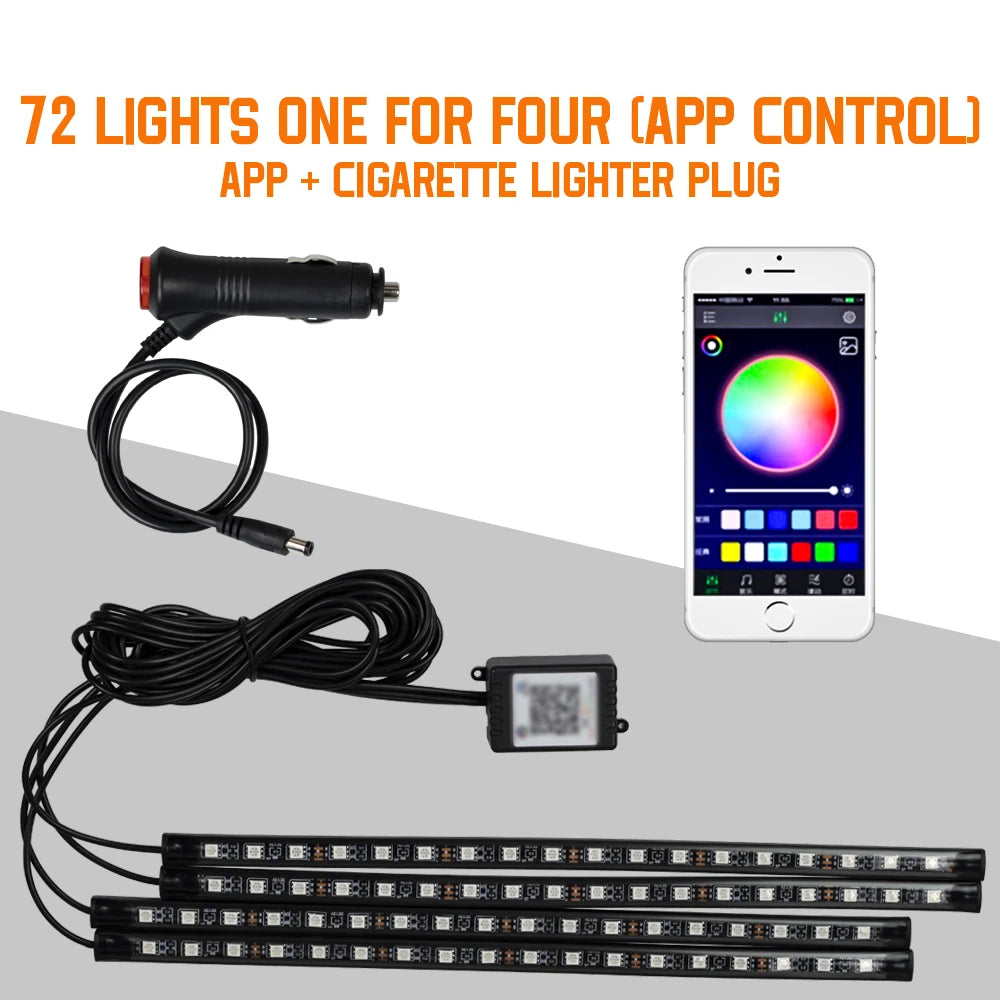 Lampe d'ambiance LED pour l'intérieur de la voiture, 36, 48, 72 LED, lumière de pied, télécommande sans fil, contrôle par application musicale