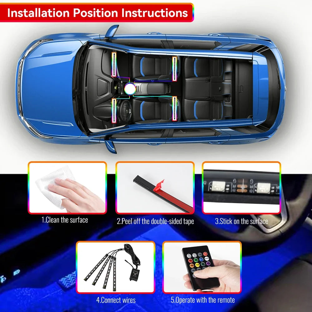 Lampe d'ambiance LED pour l'intérieur de la voiture, 36, 48, 72 LED, lumière de pied, télécommande sans fil, contrôle par application musicale