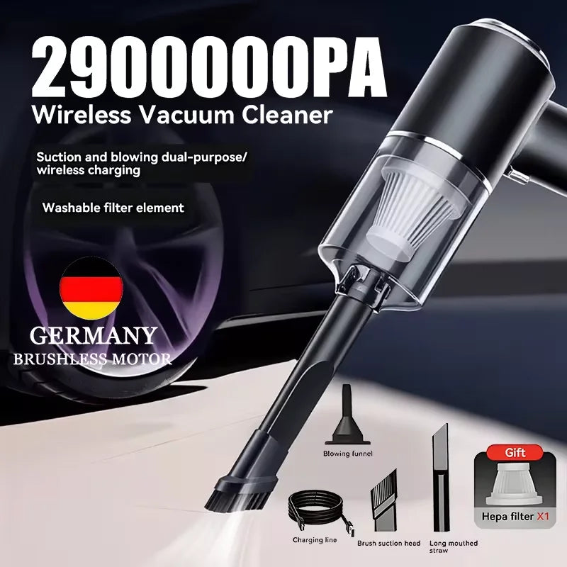 Aspirateur de voiture sans fil 2900000PA, recharge USB, 1200mAh, nettoyeur double usage humide/sec, aspirateur portatif sans fil haute puissance 2026 ﻿
