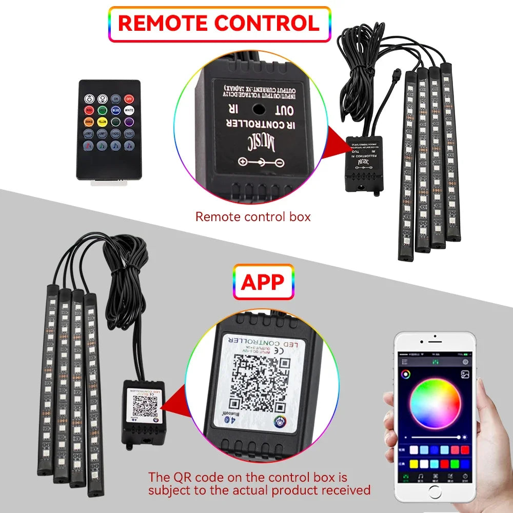 Lampe d'ambiance LED pour l'intérieur de la voiture, 36, 48, 72 LED, lumière de pied, télécommande sans fil, contrôle par application musicale