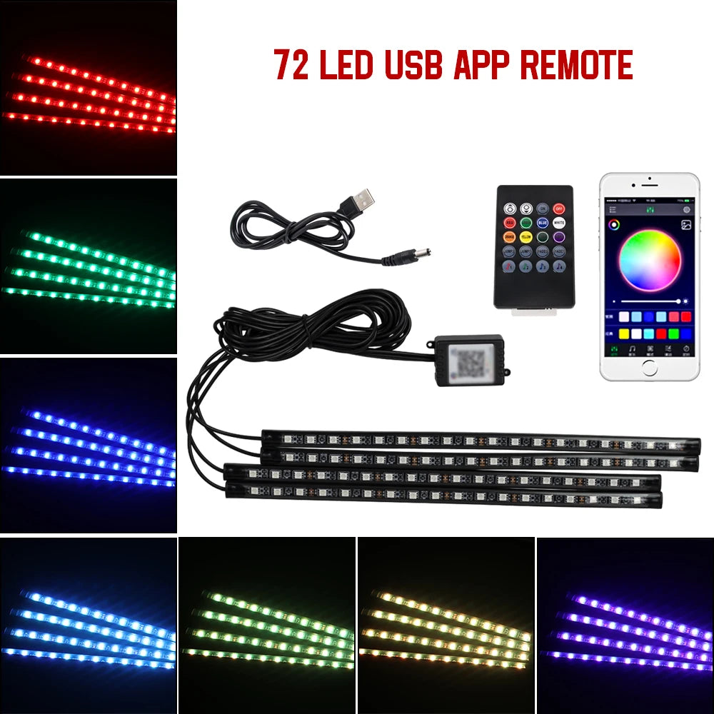 Lampe d'ambiance LED pour l'intérieur de la voiture, 36, 48, 72 LED, lumière de pied, télécommande sans fil, contrôle par application musicale